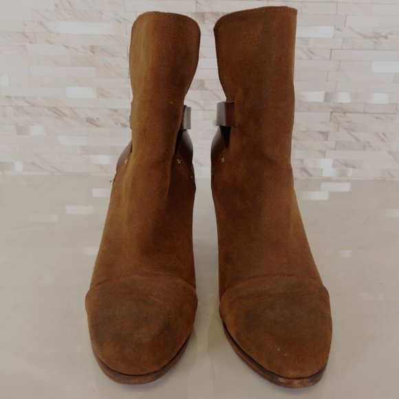 Rag Bone Boots 37.5 Leather Boots 7.5 Pull On Brown Heeled Harness Suede Kinsey - Picture 4 of 12